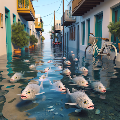 AI-generated: A school of Fisk in a street