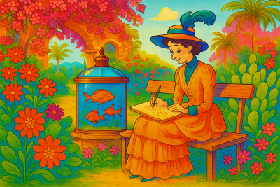 Illustration: Jeanne in front of her aquarium