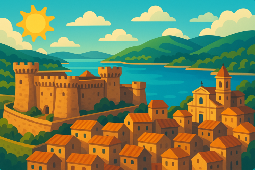 Illustration: a view of Bracciano Castle, the old town and the lake