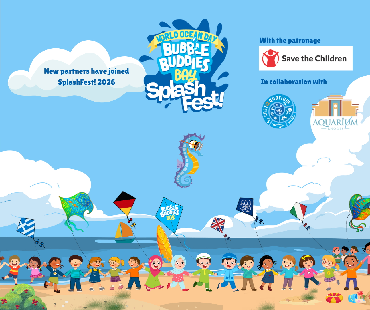 Illustration: children on the beach with colourful kites 