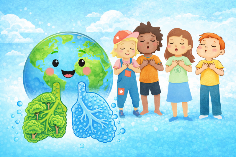 Illustration: A cartoon of planet Earth with a happy face, showing cartoon 'lungs' made of green trees on land and bubbly blue 'lungs' in the ocean, alongside a simple drawing of children taking a deep breath,