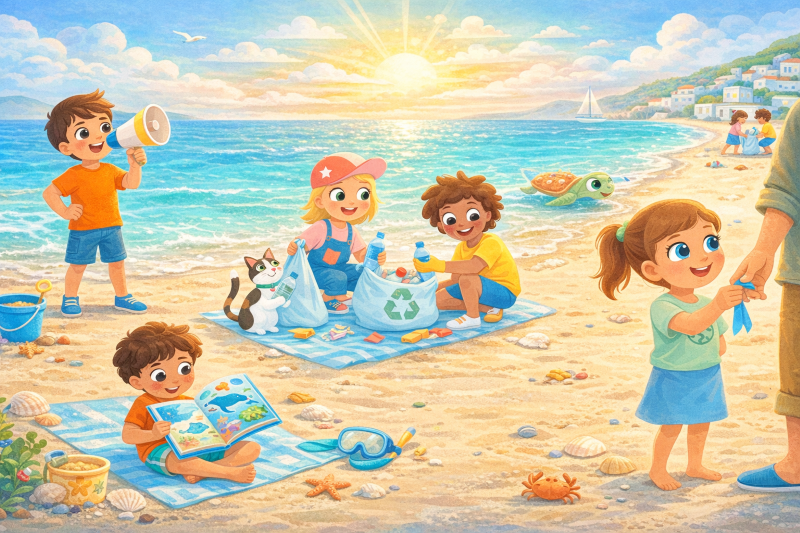 Illustration: A bright, joyful beach scene. Five children are on a sandy beach. One child stands holding a megaphone. Two children are collecting rubbish together. One child sits on a towel reading a colourful sea book. One child is offering a blue ribbon to an adult standing nearby